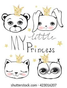 Cute little princess cat, rabbit, owl and bear girls