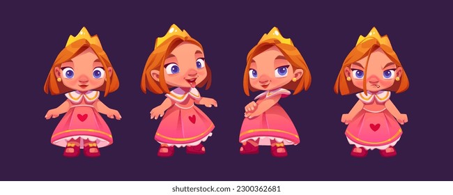 Cute little princess character in pink dress and gold crown. Fairytale queen, beautiful girl happy, angry and show tongue, vector cartoon set isolated on background