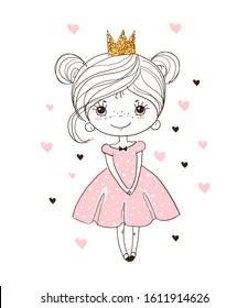 Cute little princess in the crown. Beautiful girl in an elegant dress. Holiday Greeting Card. Simple cartoon vector illustration isolated on white background.