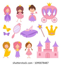 Cute little princess with crown and fairy-tale vector elements. Doll character in dress, design cartoon queen from fairytale illustration