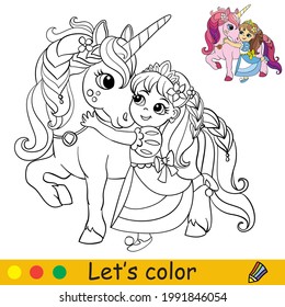 Cute little princess cuddles with a unicorn. Coloring book page with colorful template for kids. Vector isolated illustration. For coloring book, print, game, party, design