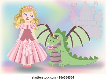 Cute little princess and dragon, Happy Saint George. vector illustration