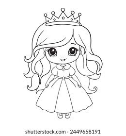 Una linda princesita en un vestido con una corona. Una página de libro para colorear con una Plantilla colorida para niños. Ilustración aislada de Vector. Para colorear, imprimir, juegos, fiestas, diseño