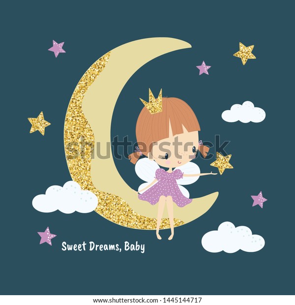 Cute little princess fairy on the moon. Girlish\
vector illustration in cartoon style. Sweet dreams lettering. Use\
for childish surface designs,  print, card, fashion kids wear,\
textile, baby shower