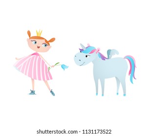 Cute little princess feeds and a unicorn. Vector. Character design.