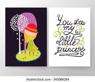 Cute Little Princess in the forest card template set. Vector cartoon illustration.