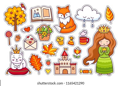 Cute little princess, fox, white cat with crown, castle, kitten, autumn tree, open book, leaves, clouds, love letter. Big set of cartoon stickers, pins, badges, patches,