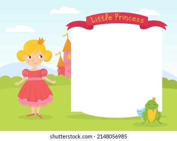 Cute little princess frame for photos, adorable girl with blank sign board vector illustration