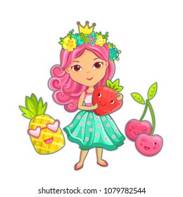 Cute little princess girl with fruit. Vector illustration for kids clothing. Use for print, surface design, fashion wear.