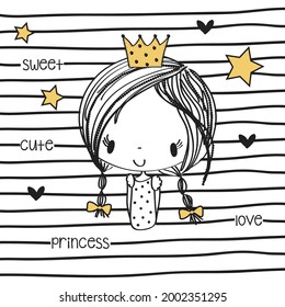 Cute little princess girl vector illustration.