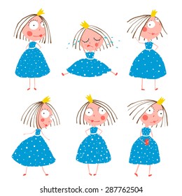 Cute Little Princess Girls in Poses Collection for Kids. Colorful fun childish hand drawn illustrations of fairy tale beautiful quirky character with big eyes for children.