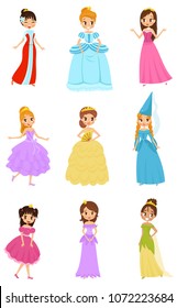 Cute little princess girls set, beautiful little girls in princess dresses vector Illustrations on a white background