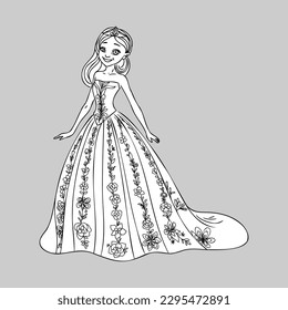 Cute little princess, Hand drawn art. Colorful art for coloring book, fashion, games, cards, diary, notebook, cover. Vector illustration.