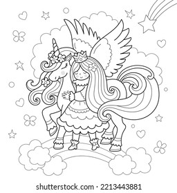 Pequeña princesa linda abrazando unicornio con alas. Pegasus y muchacha caminando en arco iris, rodeados de nubes. Ilustración vectorial del contorno de cuentagotas de cuento de hadas para la impresión y el libro de coloreado.