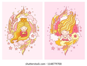 Cute little princess with light blonde long hair. Set of vector illustrations.