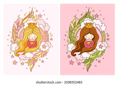 Cute little princess with light and dark long hair. Set of vector illustrations.