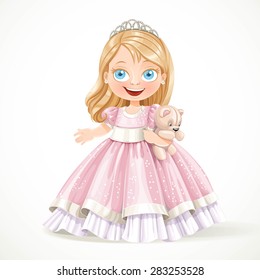 Cute little princess in magnificent pink dress with teddy bear isolated on a white background