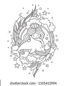 Cute little princess mermaid with dolphin, surrounded by seaweed and clouds. Vector outline illustration for coloring book.