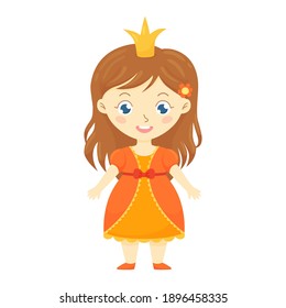 Cute little princess in orange dress and crown. Cartoon character for postcard, invitation, poster. Vector illustration isolated on white background