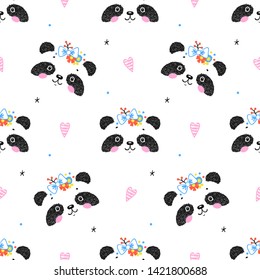 Cute Little Princess Panda Bear with Flower Crown and Hearts Print Vector Illustration for Kids. Summer Seamless Pattern with Kawaii Baby Animals in Floral Wreath