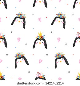 Cute Little Princess Penguin with Flower Crown and Hearts, Stars Print Vector Illustration for Kids. Seamless Childish Pattern with Kawaii Polar Sea Bird in Floral Wreath