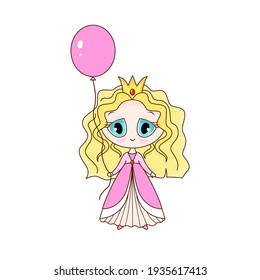 Cute little princess in pink dress with pink balloon. Great cartoon character for your design.