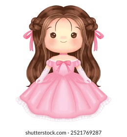 Cute little princess in pink dress watercolor style