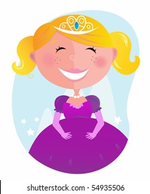 Cute little princess in pink dress with tiara . Vector cartoon illustration of small pink princess.