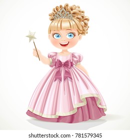 Cute kleine Prinzessin in rosafarbenem Kleid und Tiara, die einen Zauberstab einzeln auf weißem Hintergrund hält