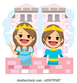 Cute little princess and prince on pink magical royal castle