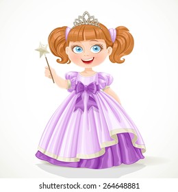 Cute little princess in purple dress and tiara holding magic wand isolated on white background