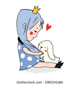 Cute little princess with rabbit. Colored vector illustration