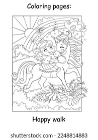 Cute little princess rides a unicorn in a flower meadow. Kids coloring book page. Vector cartoon illustration on white background. Linear drawing. For colorings, prints, posters, stickers, puzzle