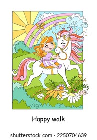 Die süße kleine Prinzessin fährt ein Einhorn auf einer Blumenwiese. Vektorfarbige Cartoon-Illustration im Kinderstil einzeln auf weißem Hintergrund. Für Design, Drucke, Poster, Aufkleber, Rätsel.