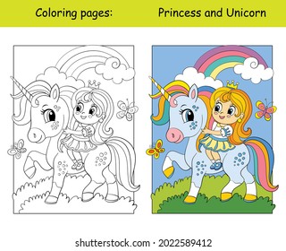 Cute little princess riding on a unicorn. Coloring book page for children with colorful template. Vector cartoon isolated illustration. For coloring book, education, print, game, decor, puzzle, design