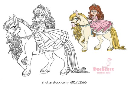 Pequeña princesa cortada montada en un color blanco de caballo y una imagen esbozada para un libro de colores sobre fondo blanco