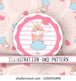 Cute little princess - seamless pattern. Hand draw