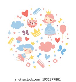 Cute Little Princess Seamless Pattern of Circular Shape, Baby Shower, Birthday Party Decoration Poster, Festive Background, Invitation Card Design Template Vector Illustration