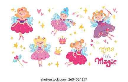 Cute little princess set. Childrens vector characters. Cute girls with pink dress. Time for Magic vector illustration. Cartoon stickers with isolated on a white background