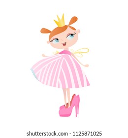 Cute little princess in mom’s shoes. Vector. Character design.