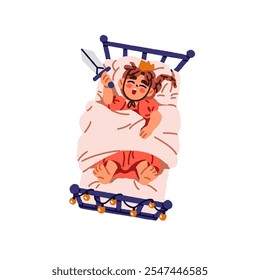 Cute little princess sleeps top view. Happy girl with toy sword dreams at night. Kid with crown has a rest in bed. Asleep child in dress naps on pillow. Flat isolated vector illustration on white