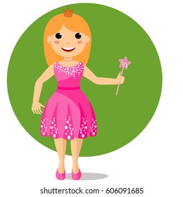 Cute little princess in sparkly dress. Smiling kid in party dress with magic wand and crown. Flat style vector illustration of full body detailed character