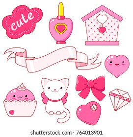 Cute little princess sticker set - cat, heart, nail polish, cupcake, bow, diamond, small house, ribbon, inscription so cute. In pink color. EPS8