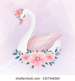 cute Little Princess Swan with Flower bouquet.