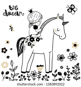 Cute little princess and unicorn/ scandinavian art