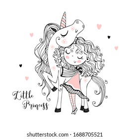 Cute little Princess with a unicorn. Vector