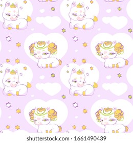 Cute little princess unicorns light pink seamless pattern