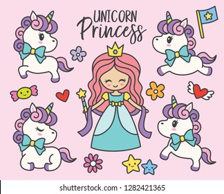 Cute little princess and unicorns vector illustration set.