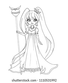 Cute little princess wearing ampir style dress, Hand drawn art. Contour art for coloring book, tattoo, fashion, games, cards. Vector illustration.