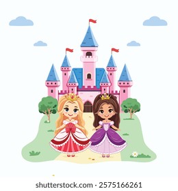 Cute little princesses with beautiful eyes and golden crown stands in front of the castle. Poster, Banner, Flyer, Greeting Card. Vector illustration in flat drawn cartoon style